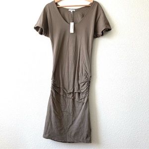 James Perse V Neck Stretch Ruched taupe Dress 0 NWT Pullover Minimalist Cotton